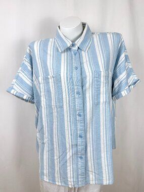 George Women Short Sleeve Linen Blend Striped Shirt Loose Fit XS M L XL XXL